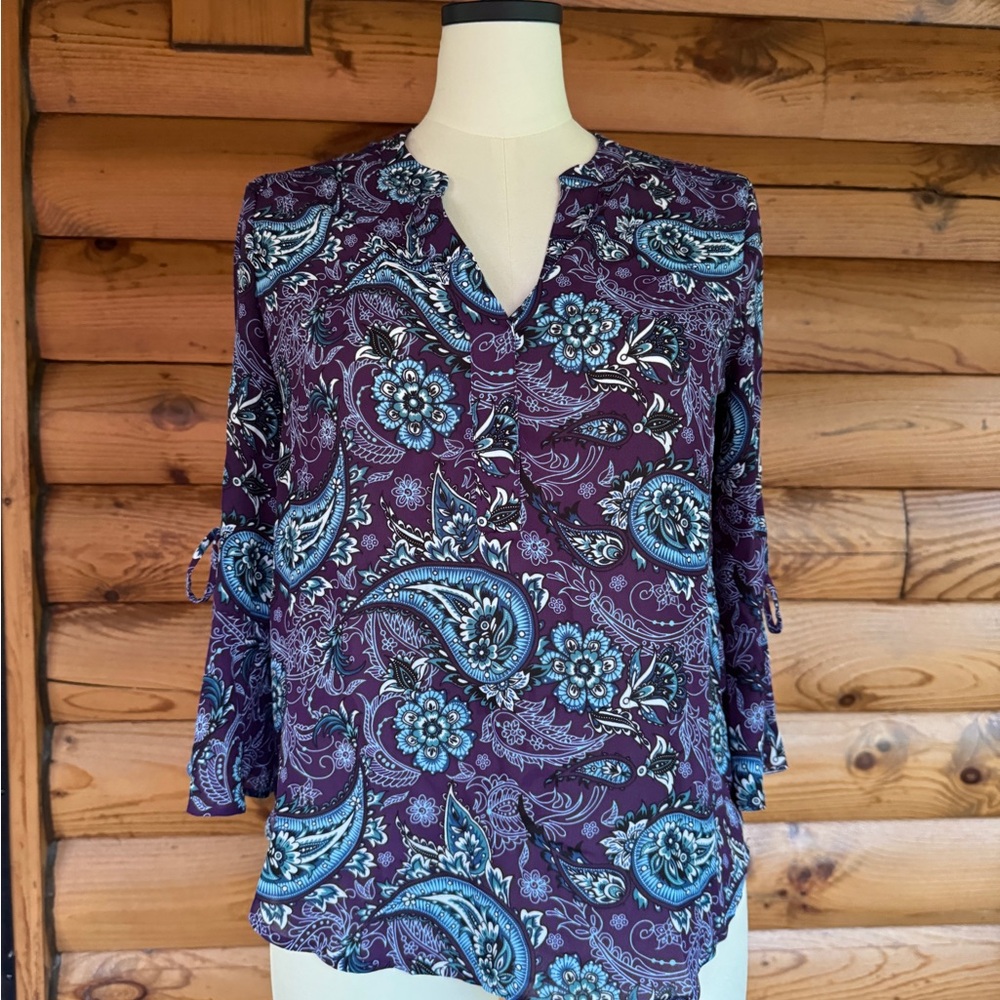 41 HAWTHORN Women's 3/4 sleeve Top - Purple and Blue paisley